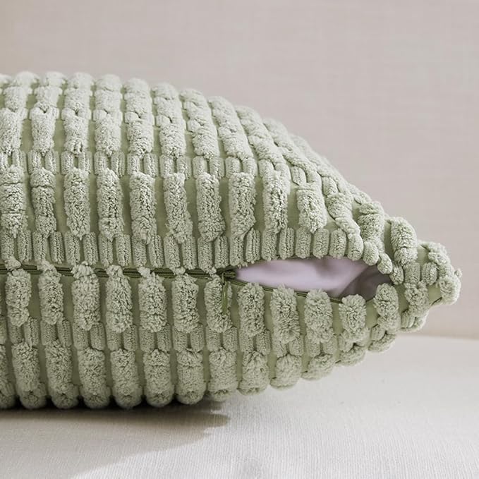 Fancy Homi 4 Packs Sage Green Decorative Throw Pillow Covers 16x16 Inch for Living Room Couch Bed Sofa, Rustic Farmhouse Boho Home Decor Soft Plush Striped Corduroy Square Cushion Case 40x40 cm