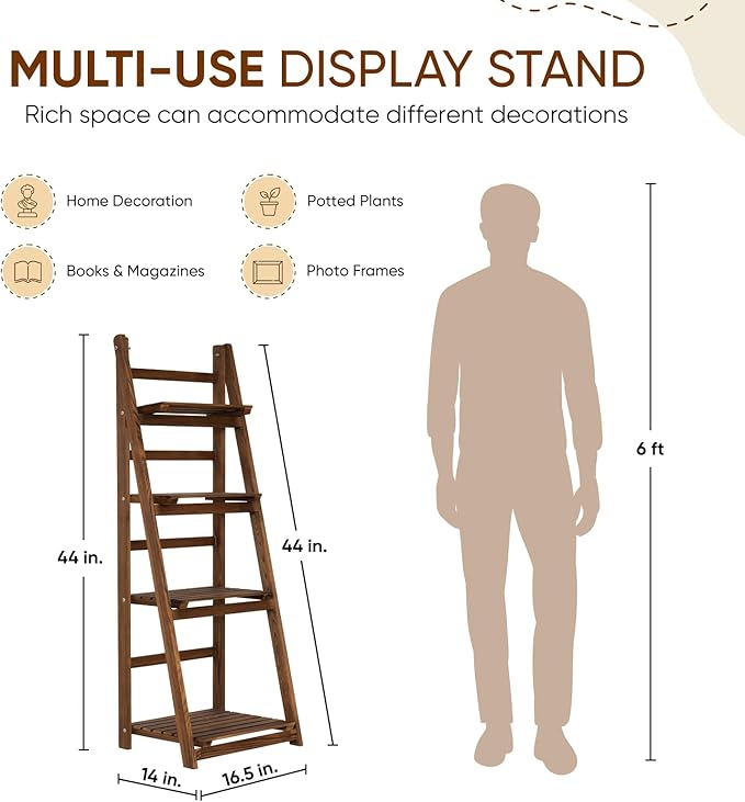 IDZO 4 Tier Wooden Ladder Shelf 44 in Bookcase Ladder Shelf Storage Shelves Rack Shelf Unit for Office and Home 44 x 16.5 inches, Wood Brown