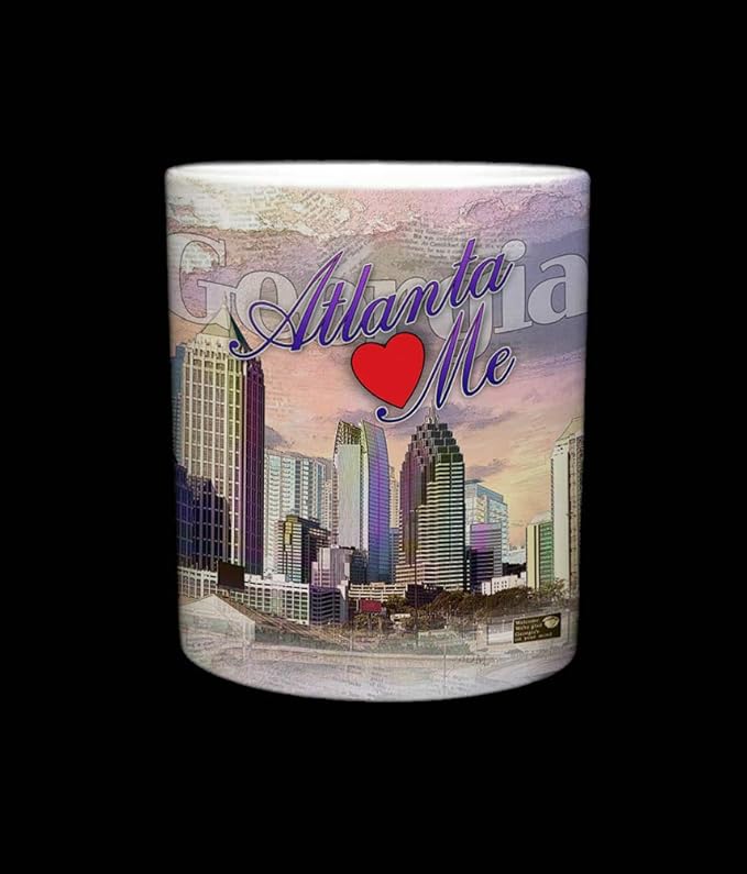 Sweet Gisele | City of Atlanta Mug | Ceramic Coffee Cup | Downtown Skyline | Atlanta Loves Me Phrase | Georgia Print Fade | Vivid Colorful Detailing | Great Novelty Gift | 11 Fl. Oz