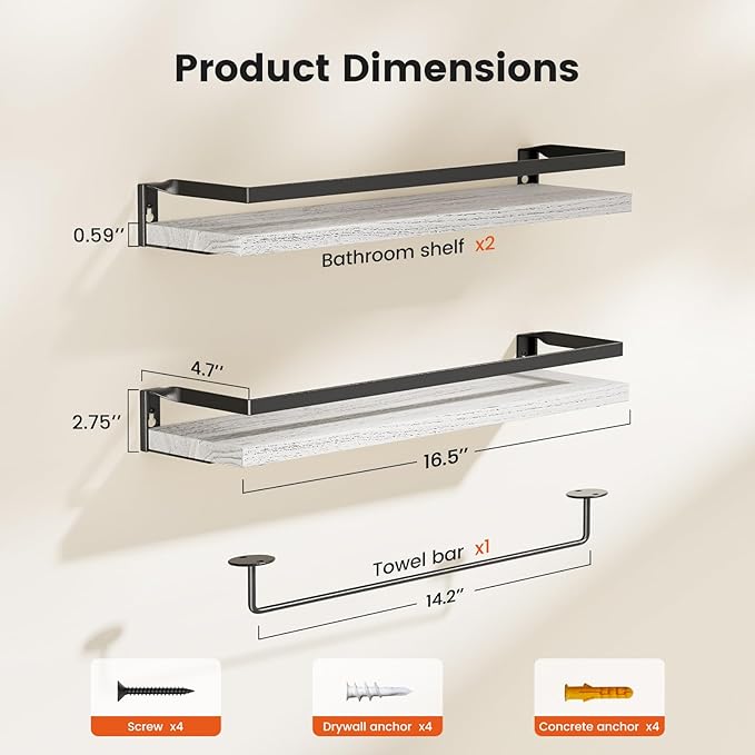 AMADA HOMEFURNISHING Wall Shelves, Floating Shelves for Bathroom, Kitchen, Bedroom, Bathroom Shelf with Towel Bar, Set of 2, White - AMFS01W