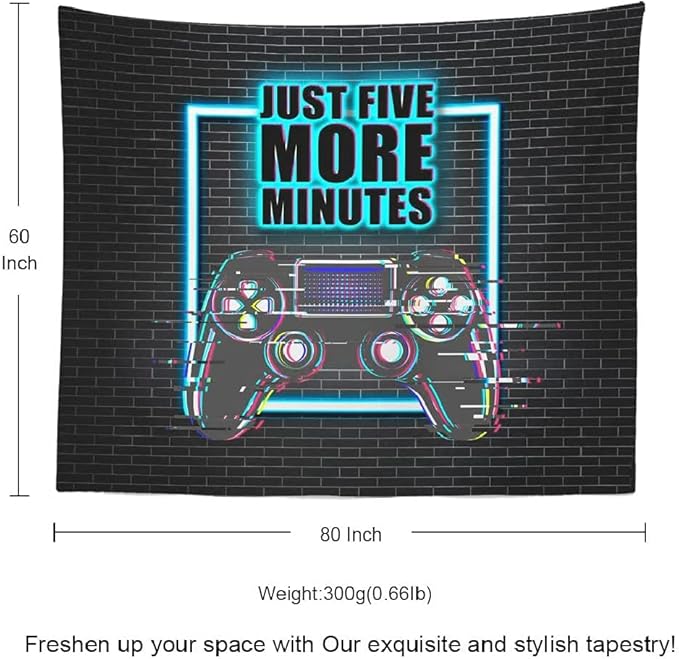 Gaming Tapestry Gaming Room Decor Wall Hanging JUST FIVE MORE MINUTES Cool Neon Blacklight Tapestries Conceptual Abstraction Modern Controller for Men Adults Teen Boys Bedroom Accessories 80x60 Inches