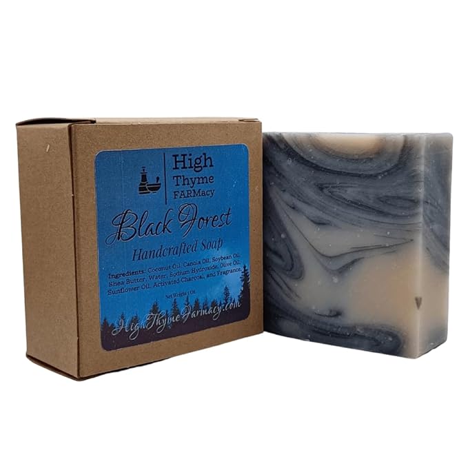 Black Forest Soap - 5 ounce Bar of Handmade Deep Musk & Sandalwood Scented Soap - Sweet, Earthy Lye Soap with Activated Charcoal - Moisturizing Bath Soap