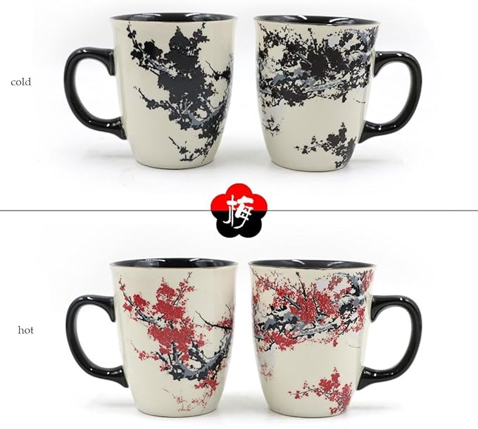 Color Changing Heat Sensitive Magic Funny Art Mug Large Coffee Tea Plum Blossom Porcelain Mugs for Women Mom grandma Gifts 16oz Black Change Glow Red Cups