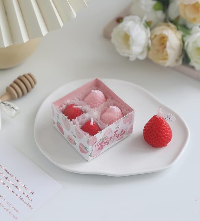 Strawberry Shaped Scented Candle,4PACK 75G Fruit Aroma Soy Wax Decorative Candle for Table Photo Prop Birthday,Prefect Gift for Meditation Stress Relief Mood Boosting Bath Yoga (Multi-Colored)