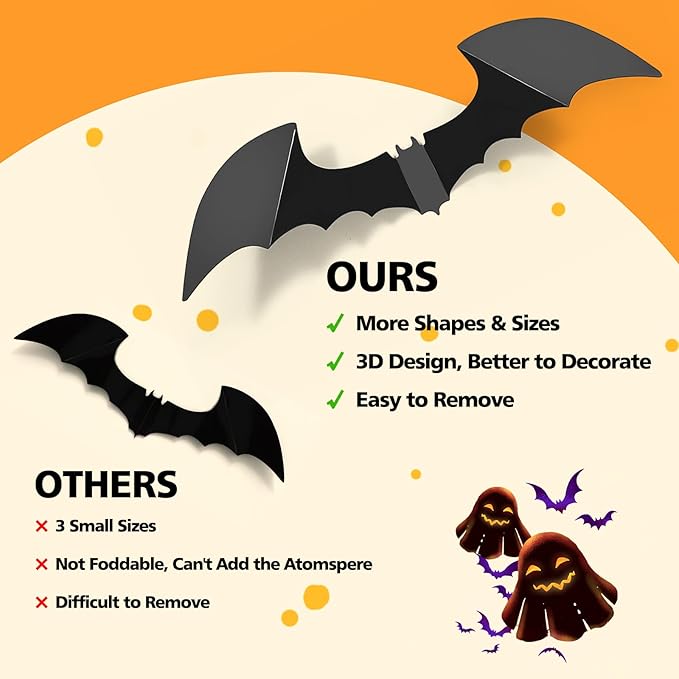 LUDILO 100pcs Bats Halloween Decorations: Halloween Bats Wall Décor Bat Stickers Decals PVC 3D Wall Bat Scary Stickers Halloweens Party Decorations Indoor Outdoor DIY Home Window Door Décor