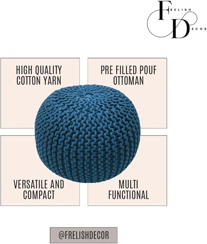 FRELISH DECOR Round Pouf Ottoman Hand Knitted 100% Cotton Pouf Foot Stool - Knitted Bean Bag - Floor Chair for Living Room Bedroom - Foot Rest for Couch (20 Diameter x 14 Height) - Teal