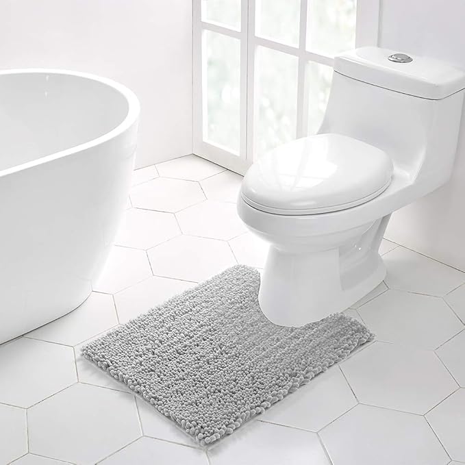 Walensee Bathroom Contour Rug Non Slip Toilet U Shaped Bath Mat (20x24, Light Grey) Water Absorbent Super Soft Shaggy Chenille Machine Washable Dry Extra Thick Perfect Absorbant Best Plush Carpet