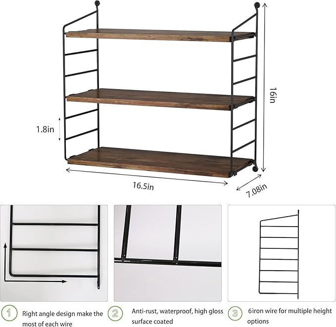 Floating Shelves Rustic Wood Wall Shelves Adjustable Metal Frame Decorative Hanging Storage Shelves for Bathroom, Living Room, Bedroom, Kitchen, Office 24 Inch (16 in)