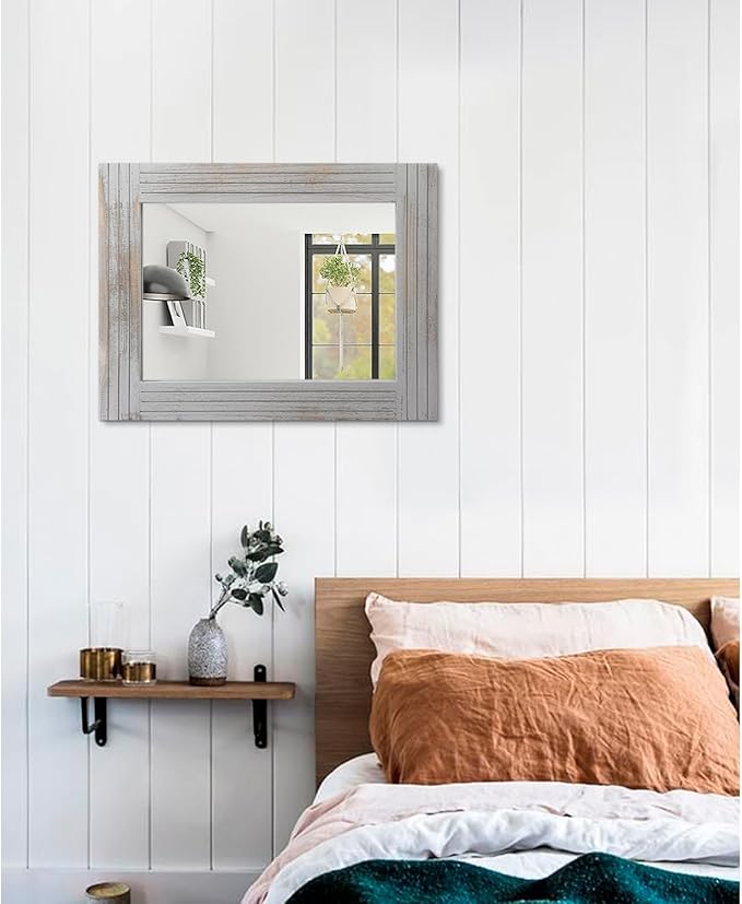 Rustic Mirror Wooden Frame Rectangular Antique Wall Mirror Decor Farmhouse Bedroom Dresser Bedroom Entryway Mirror Large Light Gray 20"x16"