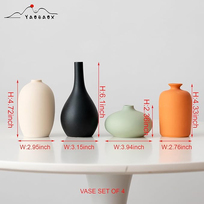 Small Matte Ceramic Vase Set of 4 - Rustic Farmhouse Decorative Vases for Shelf,Office, Home & Bohemian Style - Modern Decor Design Living Room, Table, Mantel,Colorful Unique Flower Vases