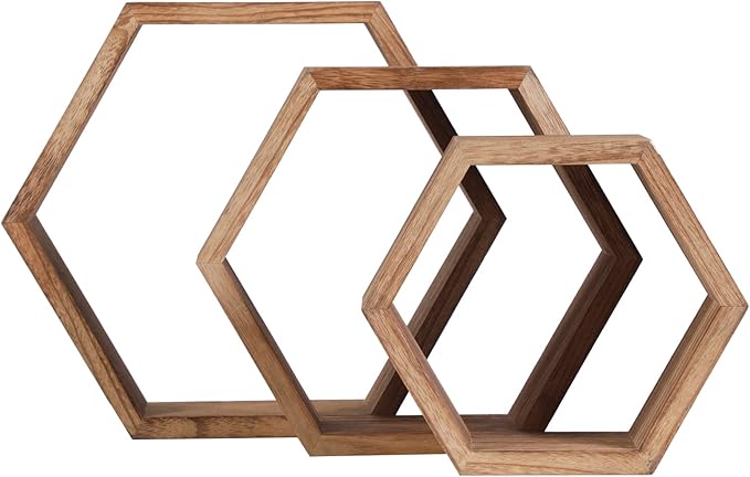 PHOENANCEE Hexagon Floating Shelves,Honeycomb Shelf,Wall Mounted Rustic Wood Octagon Storage Shelves Set of 3 for Living Room Bedroom Bathroom Office Hexagonal Decor(Carbonized Black)
