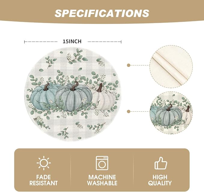 Artoid Mode Pumpkins Eucalyptus Leaves Round Fall Placemats Set of 6, 14 Inch Seasonal Autumn Table Mats for Table Runner Dining Decoration