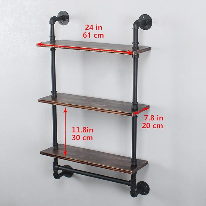 Industrial Pipe Shelving,Iron Pipe Shelves Industrial Bathroom Shelves with Towel bar,24in Rustic Metal Pipe Floating Shelves Pipe Wall Shelf,3 Tier Industrial Shelf Wall Mounted,Retro Black