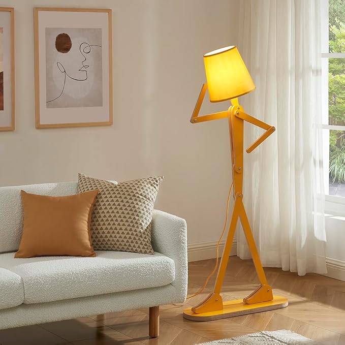Cool Mini Wood Floor Lamp for Living Room Bedroom Farmhouse - Corner Decorative Reading Standing Light Creative Swing Arm Arc Design Gift for Kids Room (Egg Yellow)