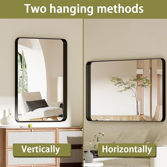 Koonmi Black Bathroom Mirror for Wall, 30x40 Inch Matte Metal Deep Framed Rounded Corner Wall Mirror, Shatterproof Tempered Glass for Farmhouse Bedroom Entryway, Vertically or Horizontally