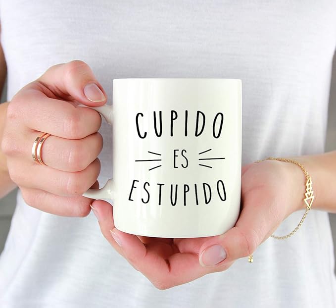 Andaz Press Valentine’s Day Funny 11oz. His Her Couples Coffee Mug Gift, Cupido Es Estupido, 1-Pack, Gift Box
