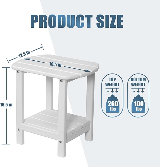 nalone Adirondack Side Table 16.5" Outdoor Side Table HDPE Plastic Double Adirondack End Table Small Table for Patio (White)