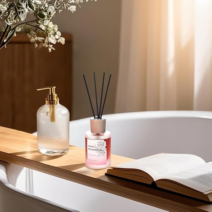 Reed Diffuser - Pink Peony 4.06oz (120ml) 1 Pack Essential Oil Reed Diffuser Set with 8 Sticks, Long Lasting Fragrance for Home, Bathroom, Bedroom, Room, Decor
