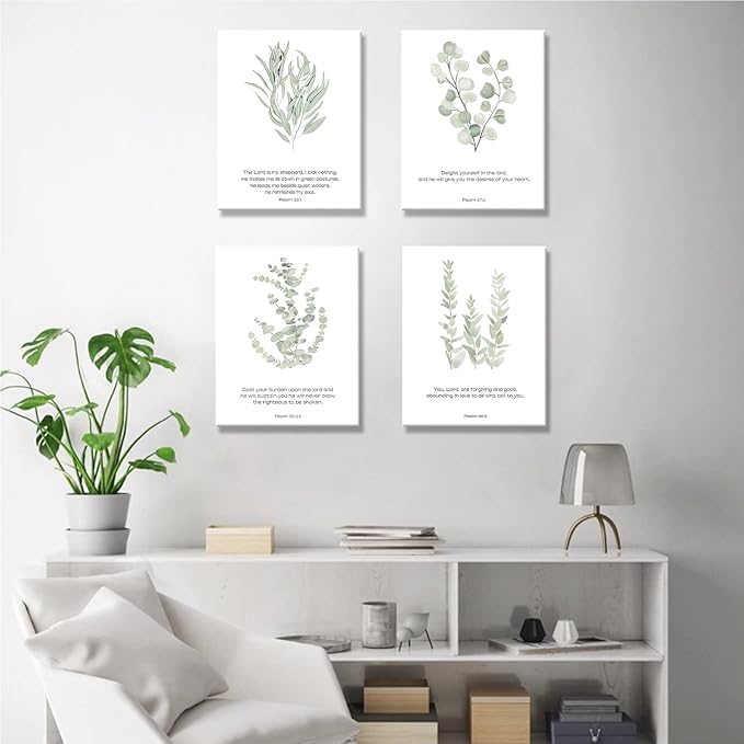 FRAMED Inspirational Scripture Canvas Wall Art,Motivational Christian Wall Art,Bible Verses Wall Decor,Bible Verse Art Prints,Light Green Botanical Painting Picture,Set of 4,8”x 10”