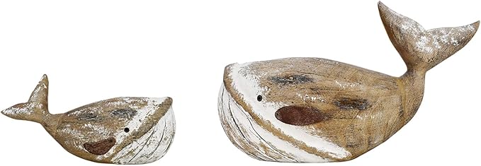 K KILIPES Wood Whale Statue Beach Table Decor for Home, Rustic Hand Carved Wood Sculpture Whale Figurine Coastal Centerpiece Nautical Ocean Decorations (Brown, M L)
