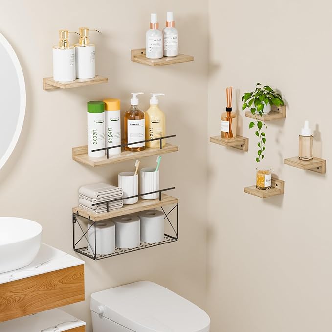 Floating Shelves for Wall Set of 8, Wall Shelves for Decoration and Storage, Bathroom Shelves with Wire Storage Tier, Wood Shelves for Bathroom, Living Room, Bedroom, Kitchen, Decor, 3 Size