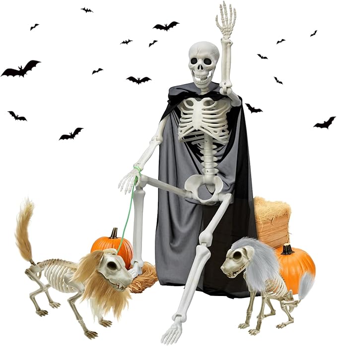 Askill 36" Skeleton Halloween Decorations, 3FT Posable Skeleton with Furry Dog & Wolf Skeleton - 3 in 1 Creepy Plastic Movable Joint Skeleton for Halloween Party Yard Decor - 36inch
