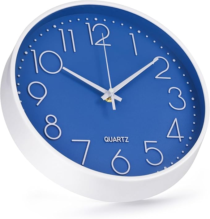 Wall Clock Non-Ticking Silent Modern Simple Style Round Decor Clock Stereoscopic Dial Quartz Wall Clocks for Home/Office/School/Living Room/Bedroom/Kitchen (Dark Blue, 10 Inch)