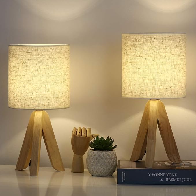 HAITRAL Small Table Lamps - Wooden Tripod Nightstand Lamps Set of 2 for Bedroom, Living Room, Office, Home with Fabric Linen Shade