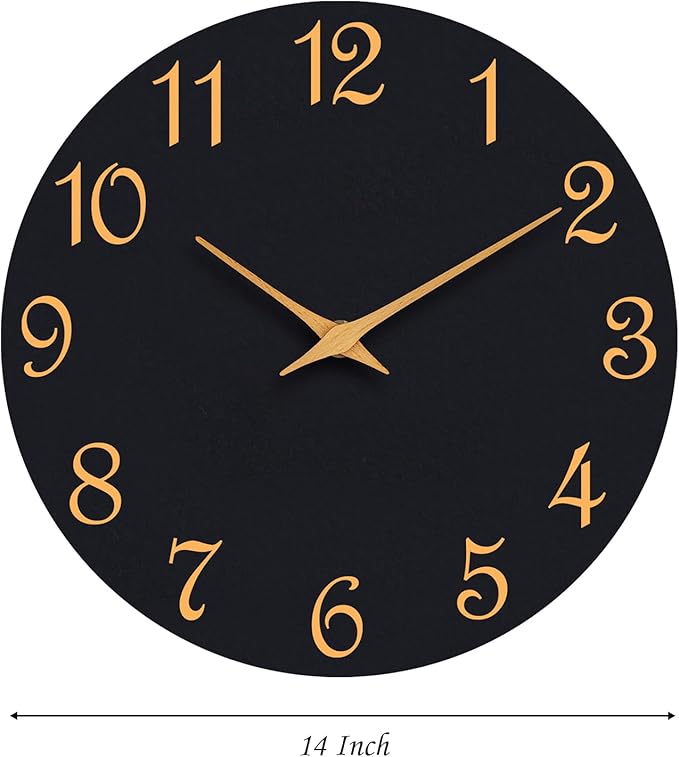 Wall Clock 14 Inch, Modern Wall Clocks Battery Operated, Silent Non Ticking Clock Decorative for Living Room, Office, Home, School (Black Gold)