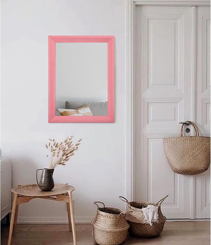 AAZZKANG Rectangle Mirror with Wood Frame Modern Farmhouse Wall Mirrors Decor Large 20"x16" for Bedroom Bathroom Living Room Pink