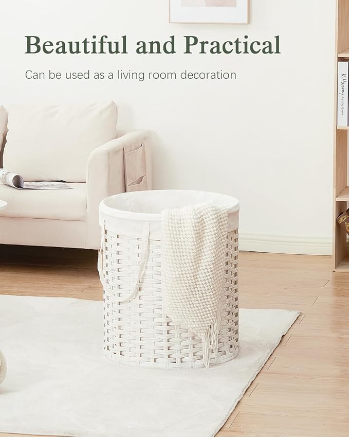 Laundry Hamper Round 26.5 Gal (100L) Handwoven Rattan Laundry Basket, Large Wicker Laundry Hamper with Removable Laundry Bag Handles 2 Mesh Bags for Bathroom Living Room White