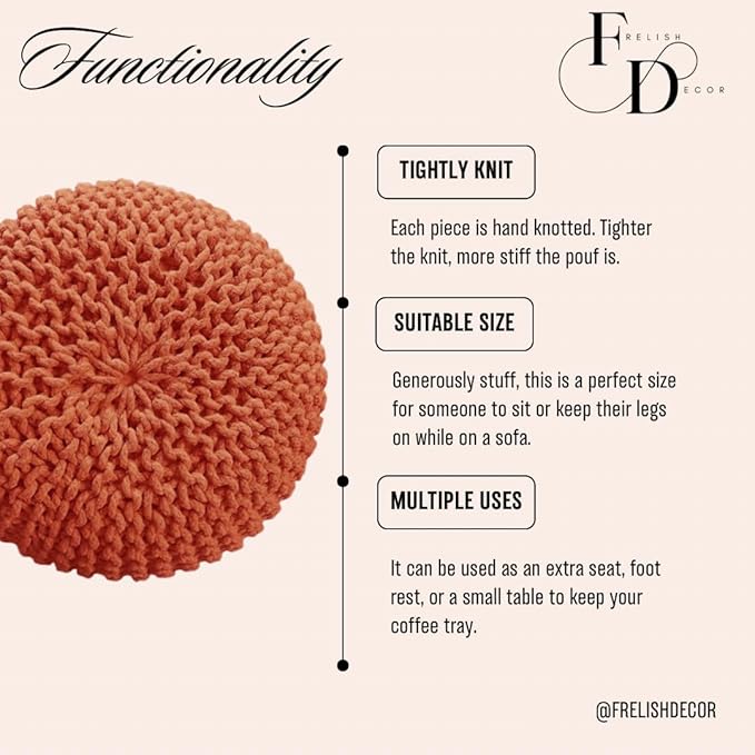 FRELISH DECOR Round Pouf Ottoman Hand Knitted 100% Cotton Pouf Foot Stool Knitted Bean Bag - Floor Chair for Living Room Bedroom - Foot Rest for Couch (20 Diameter x 14 Height) - Pumpkin Orange