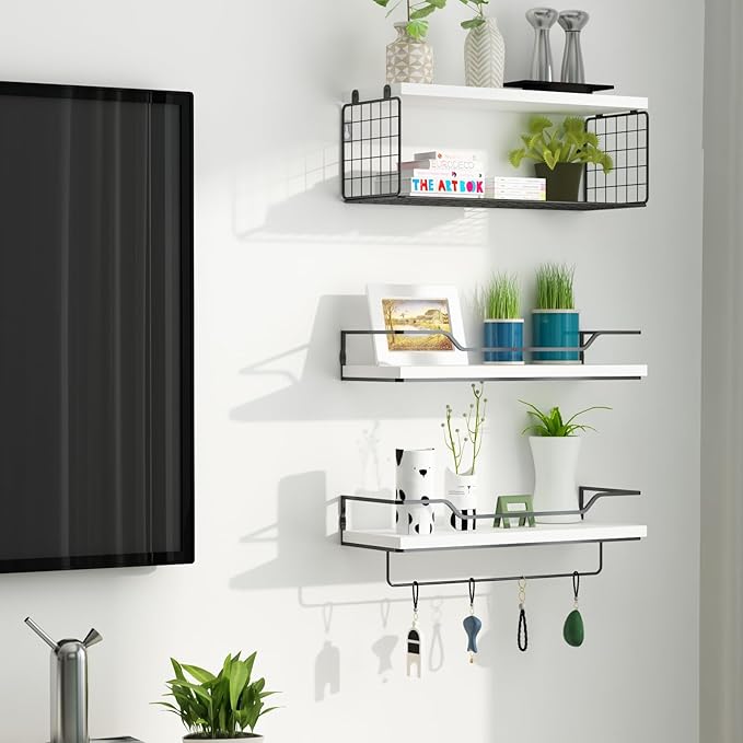 Floating Shelves Wall Mounted,Wood Bathroom Shelf Over Toilet with Paper Storage Basket, Wall Decor Farmhouse Floating Shelf for Bedroom, Living Room, Kitchen,Office (White)