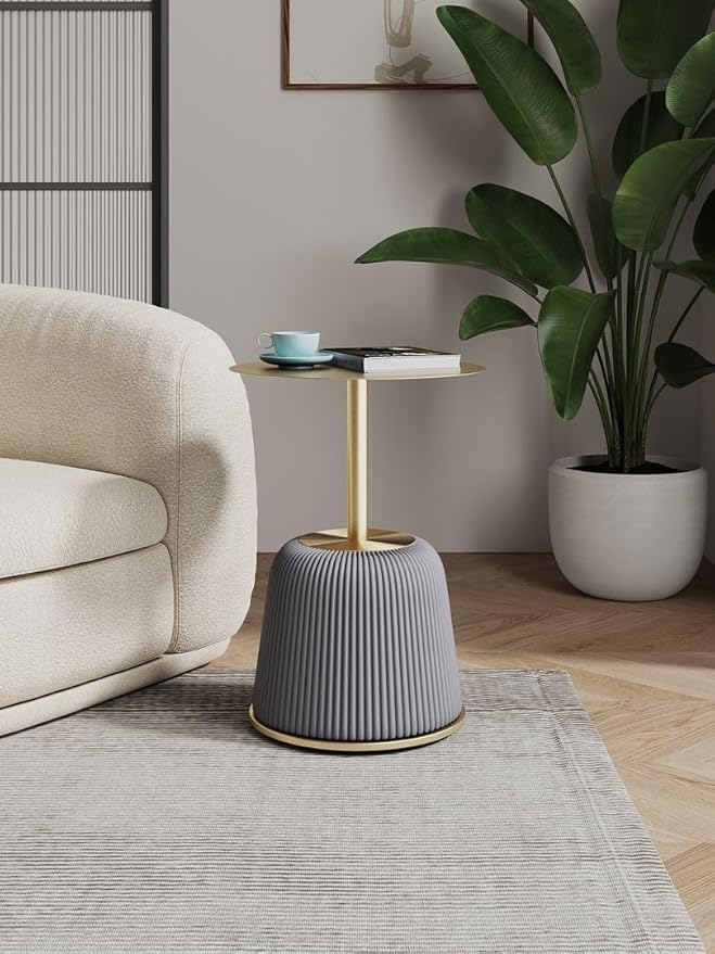 Manhattan Comfort Anderson Modern 15.75" Round End Tables 1.0 - Elegant Leatherette Upholstered Base with Pleated Design & Gold Steel Tabletop, Fully Assembled Accent Furniture, Set of 1, Grey