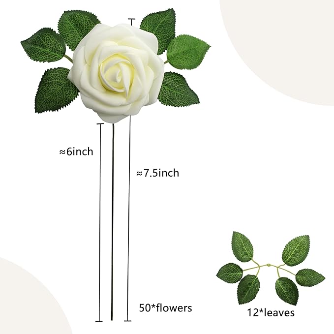 Artificial Flowers Milk White Roses 50PCS Real Looking Foam Fake Roses with Leaves and for DIY Wedding Bouquets Bridal Shower Centerpieces Party Decorations (Ivory)