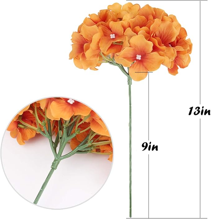 Flojery Silk Hydrangea Heads Artificial Flowers Heads with Stems for Home Wedding Decor,Pack of 10 (Fall Orange)