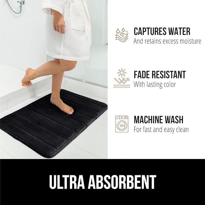 GORILLA GRIP Memory Foam Bath Mat, Soft Absorbent US Designed Bathroom Rug, Gripping Dots Machine Washable Bathmat, Cushioned Floor Mats, Shower Sink Rugs Room Décor Accessories, 30x20 Black
