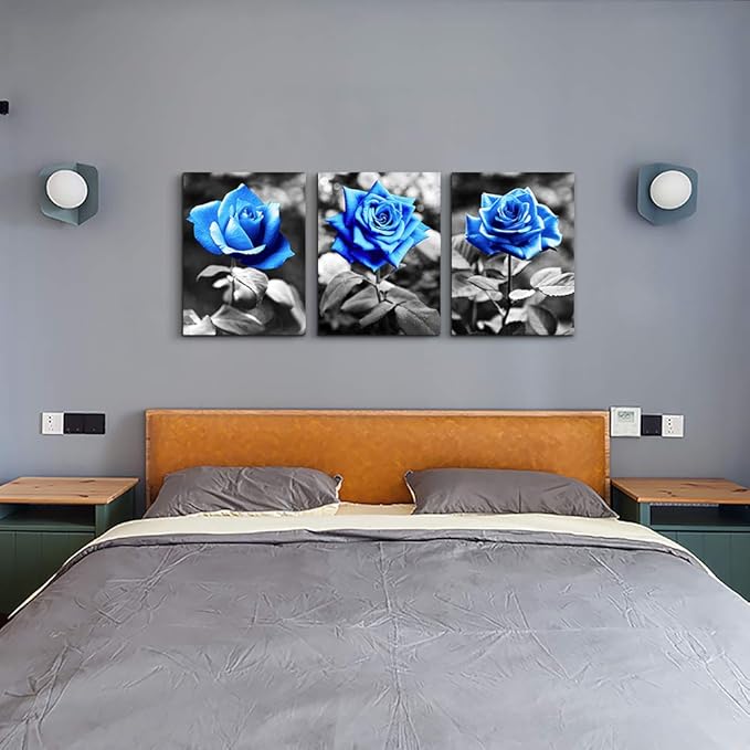 Bedroom Wall Art For Living Room Bathroom Wall Decor For Kitchen Family Pictures Artwork Black And White Blue Rose Flowers Canvas Paintings 20" X 28" 3 Pieces Framed Modern Office Home Decorations