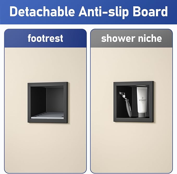Shower Niche, 304 Stainless Steel Wall Niche Shower Stool for Bathroom, Recessed Shower Footrest w/Over Mount Installation, No Tile Needed (Matte Black, 4.8''x6'')
