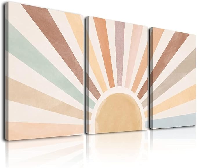 Boho Sun Wall Art Set of 3, Framed Canvas Wall Art Rainbow Sun Rising on the Horizon Geometric Nature Illustrations Line Art Wall, Office, 12"x16" Watercolor