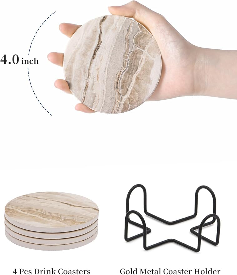 LIFVER Absorbent Coaster Sets of 4, Drink Coasters with Holder, Marble Style Ceramic Drink Coaster for Tabletop Protection, Suitable for Kinds of Cups, Wooden Table, Cool Home Decor, 4 Inches