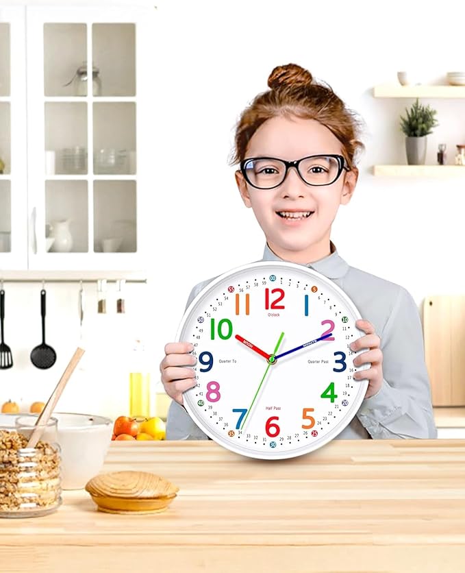 Silent Kids Wall Clock – Non-Ticking, Battery-Powered, Ideal for Teaching Time and Stylish Décor in Any Room - 8 Inch