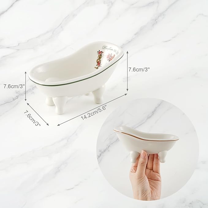 Retro Ceramic Bathroom Soap Dish for Shower - 2PCS - 5.6'' Porcelain Mini Bathtub Self Draining Soap Holder for Home Decor, Vintage Decortative Tray Rack, Outdoor Small Planters Set