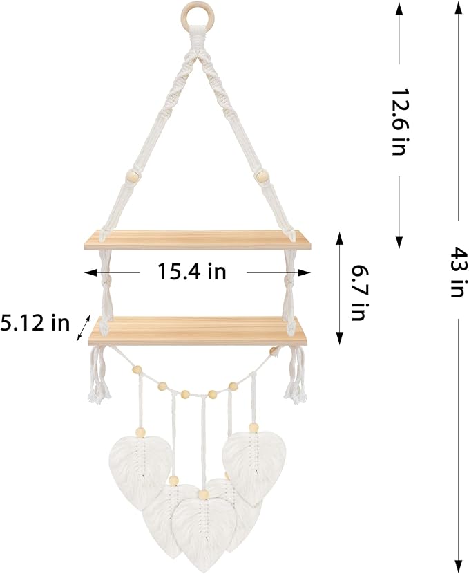 Macrame Plant Hanger,Boho Decor Floating Shelves with Leaves , Wood Floating Shelves for Wall No Drilling for Plants Photos,Girls Bedroom Decor Storage Shelf,Ideal Gifts for Housewarming (2 tier)