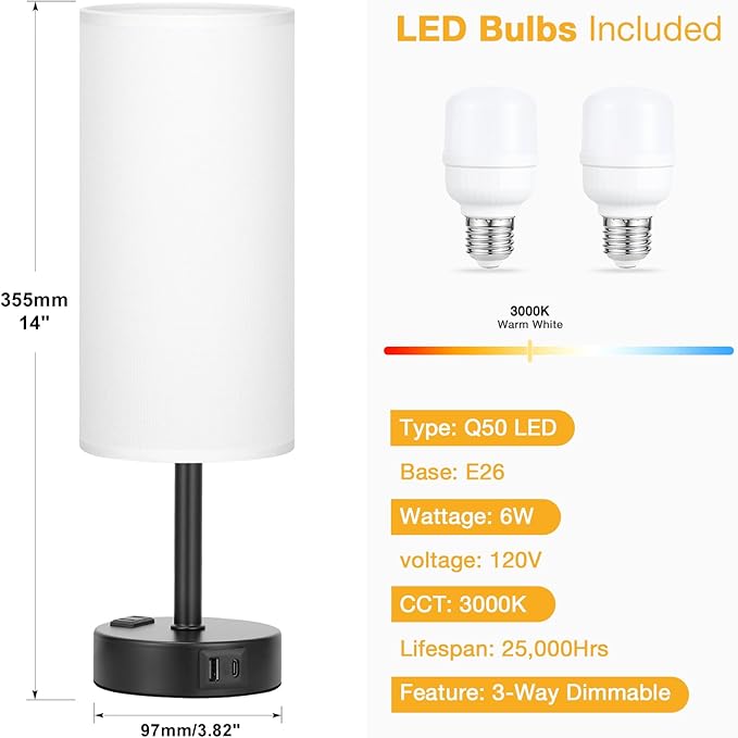 White Bedroom Lamps Set of 2-3 Way Dimmable Touch Table Lamps with USB C and A Ports, Bedside Lamps for Nightstand with AC Outlet, Small Desk Lamps with Black Base for Office Hotel