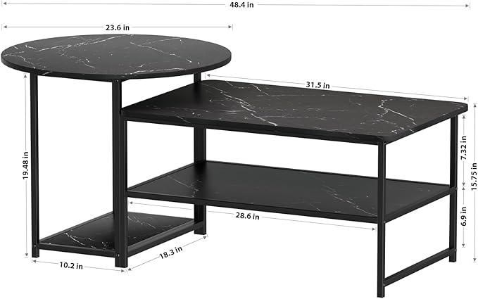 WOHOMO Coffee Table, Black Modern Coffee Tables for Living Room 2 in 1Detachable Small Center Table Set with Storage, Black Marble