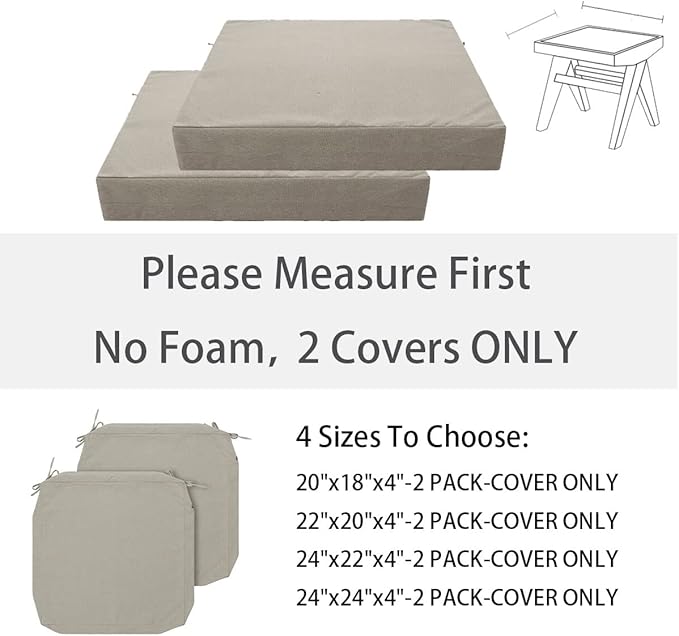 FUNHOME Outdoor Cushion Covers 24 x 24 x 4 inch,Set of 2,Replacement Square Seat Cushion Cover for Patio Furniture Chair,Water Resistant,Fade-Resistant Slipcover Only,No Insert(Light Brown)