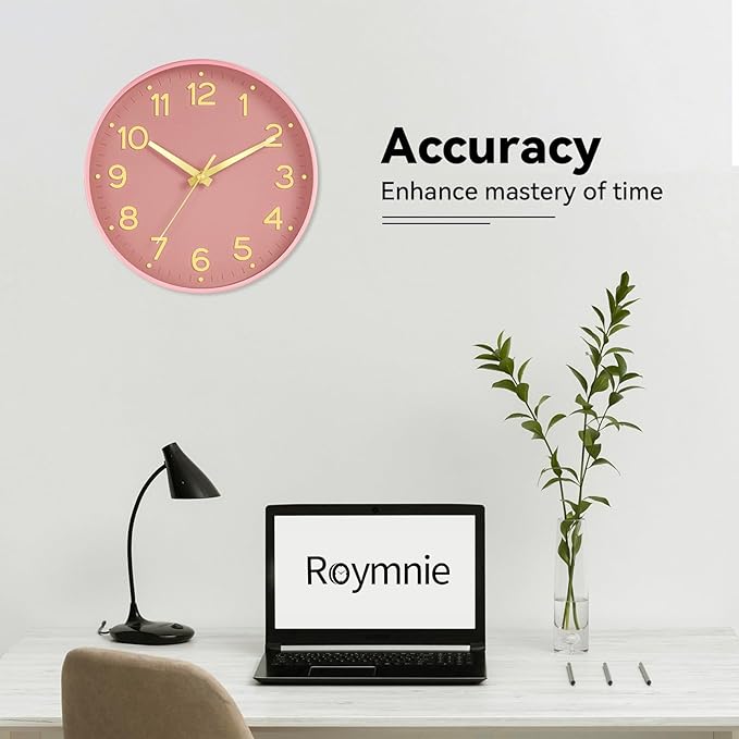 Silent Wall Clocks Battery Operated 8 Inch-Modern Non Ticking Analog Clock Decorative for Kitchen Office Bathroom Bedroom(Pink Gold)