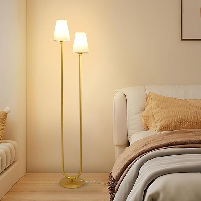 HMVPL Gold Floor Lamps for Living Room, Brass Corner Floor Lamp with Fabric Lampshade, Mid Century Standing Lamp with On/Off Foot Switch, Modern Tall Lamp for Living Room Bedroom Nursery Office(66")