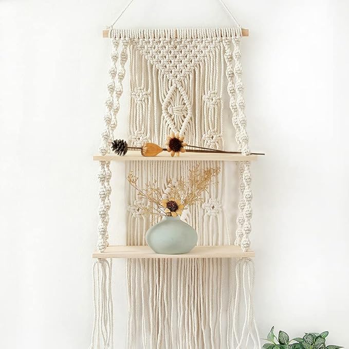 Macrame Wall Hanging Shelf Tassel Woven Macramé Shelves,Boho Wall Hanging Shelves for Small Plants Photo Frames,Home Living Room Bedroom Balcony Decor (2T)